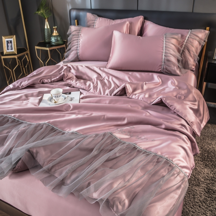 91家纺网 家纺一手货源 找家纺 丽莱美家纺 2024爆款水洗真丝夏被四件套 豆沙粉