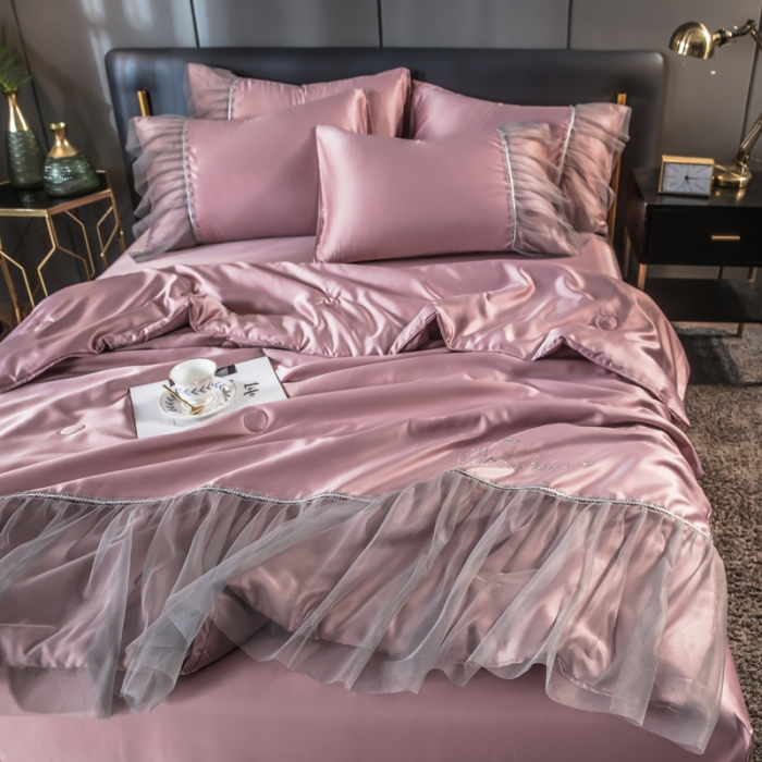 91家纺网 家纺一手货源 找家纺 丽莱美家纺 2024爆款水洗真丝夏被四件套 豆沙粉