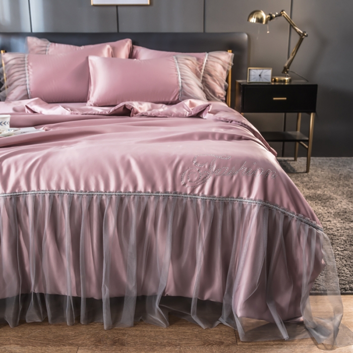 91家纺网 家纺一手货源 找家纺 丽莱美家纺 2024爆款水洗真丝夏被四件套 豆沙粉