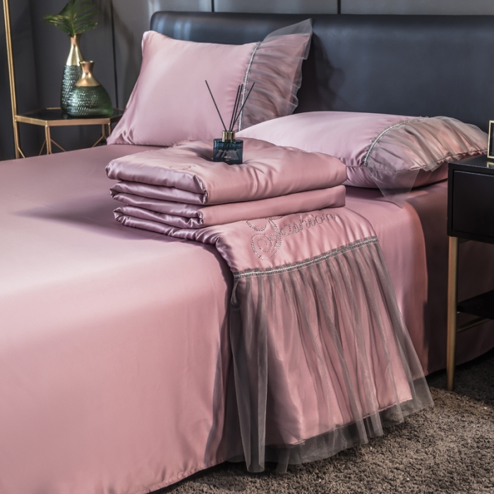 91家纺网 家纺一手货源 找家纺 丽莱美家纺 2024爆款水洗真丝夏被四件套 豆沙粉