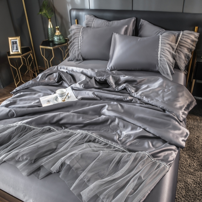 91家纺网 家纺一手货源 找家纺 丽莱美家纺 2024爆款水洗真丝夏被四件套 灰色