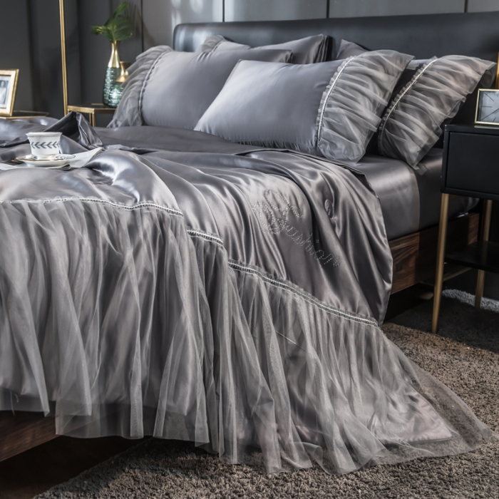 91家纺网 家纺一手货源 找家纺 丽莱美家纺 2024爆款水洗真丝夏被四件套 灰色
