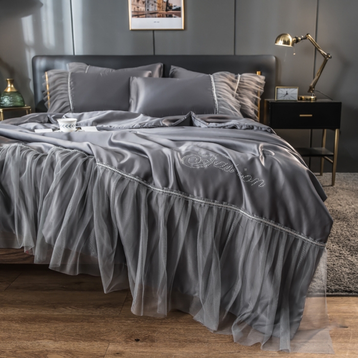 91家纺网 家纺一手货源 找家纺 丽莱美家纺 2024爆款水洗真丝夏被四件套 灰色