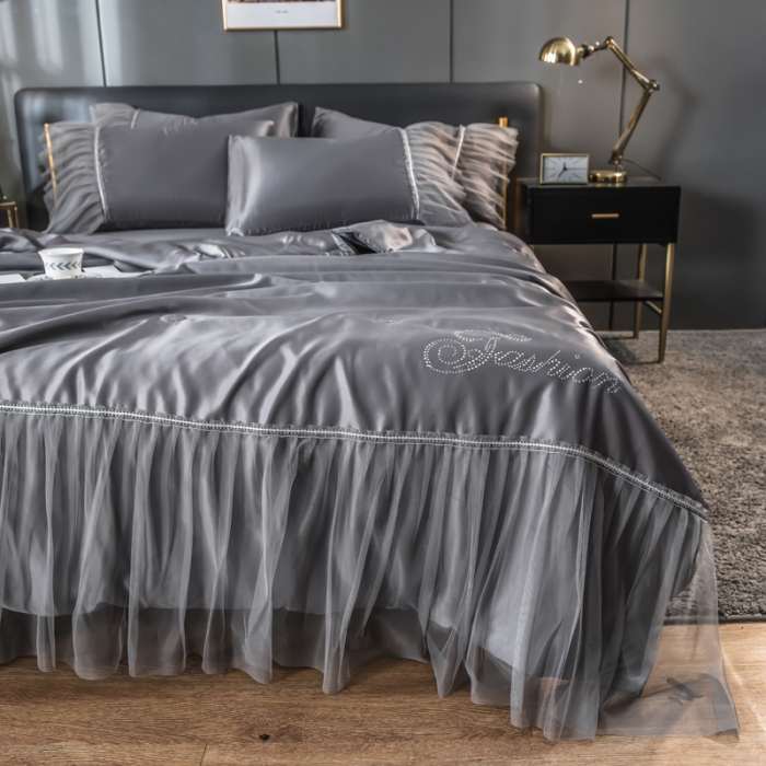 91家纺网 家纺一手货源 找家纺 丽莱美家纺 2024爆款水洗真丝夏被四件套 灰色