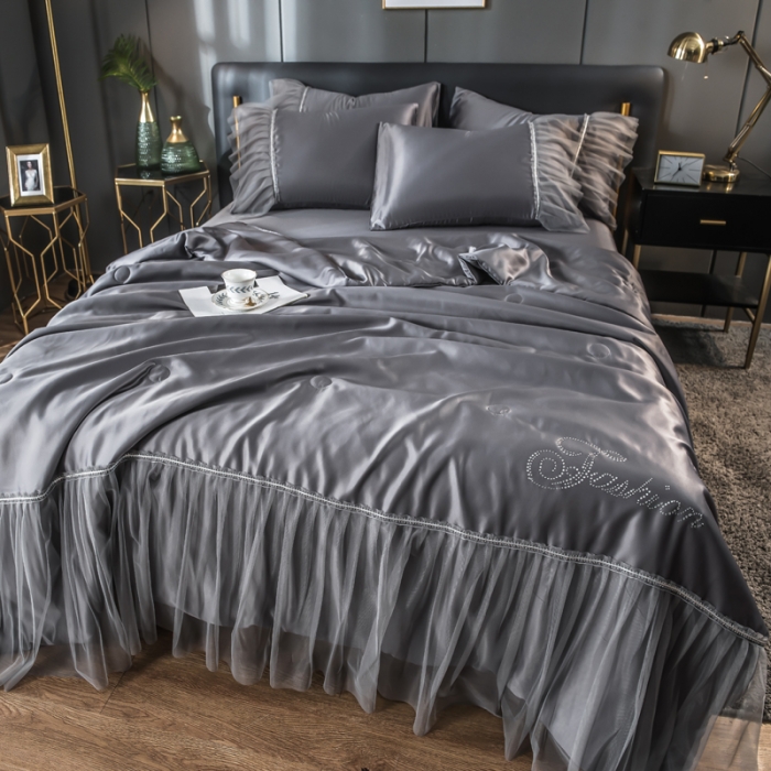91家纺网 家纺一手货源 找家纺 丽莱美家纺 2024爆款水洗真丝夏被四件套 灰色