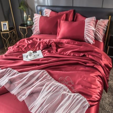 91家纺网 家纺一手货源 找家纺 丽莱美家纺 2026爆款水洗真丝夏被四件套 酒红