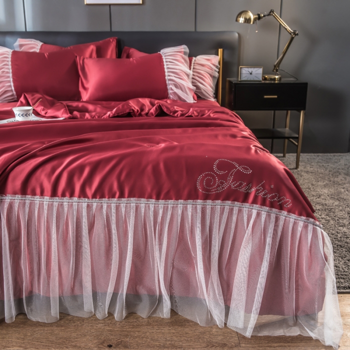 91家纺网 家纺一手货源 找家纺 丽莱美家纺 2026爆款水洗真丝夏被四件套 酒红