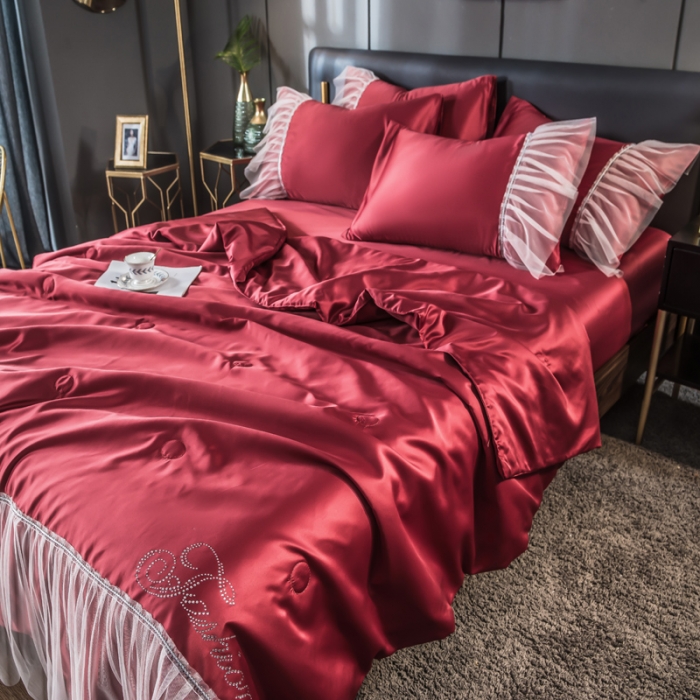 91家纺网 家纺一手货源 找家纺 丽莱美家纺 2026爆款水洗真丝夏被四件套 酒红