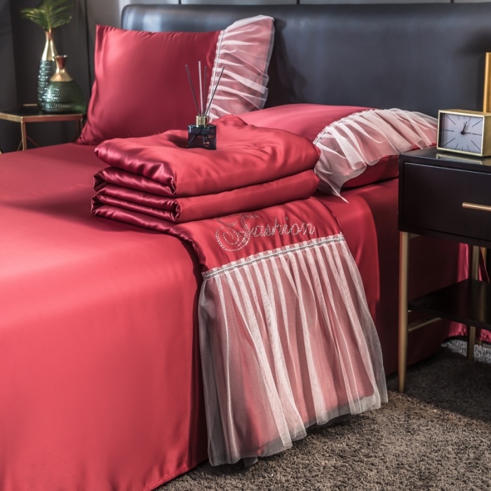 91家纺网 家纺一手货源 找家纺 丽莱美家纺 2026爆款水洗真丝夏被四件套 酒红