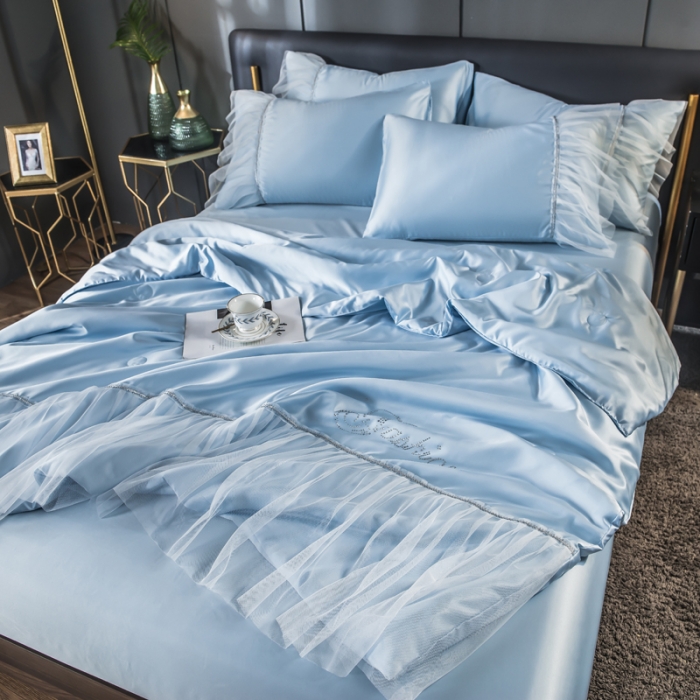 91家纺网 家纺一手货源 找家纺 丽莱美家纺 2026爆款水洗真丝夏被四件套 天蓝