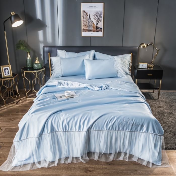 91家纺网 家纺一手货源 找家纺 丽莱美家纺 2026爆款水洗真丝夏被四件套 天蓝