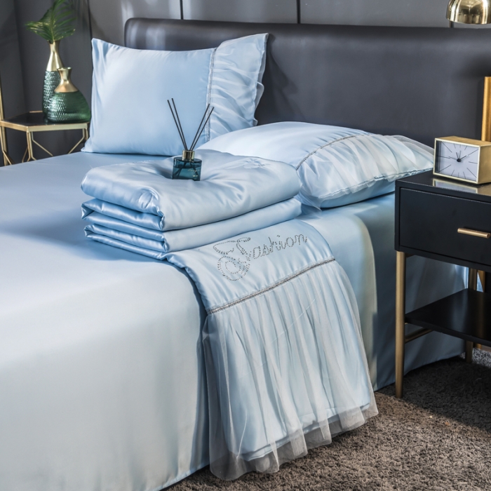 91家纺网 家纺一手货源 找家纺 丽莱美家纺 2026爆款水洗真丝夏被四件套 天蓝