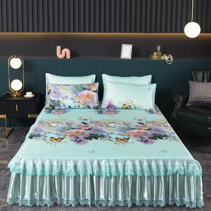 91家纺网 家纺一手货源 找家纺 迷仙巢2021新款冰丝凉席（床裙款） 春色满园绿