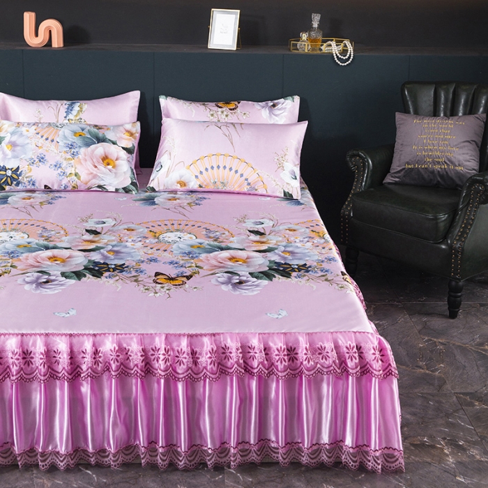 91家纺网 家纺一手货源 找家纺 迷仙巢2021新款冰丝凉席（床裙款） 春色满园粉