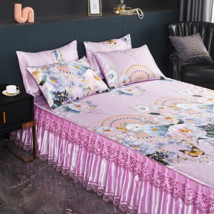 91家纺网 家纺一手货源 找家纺 迷仙巢2021新款冰丝凉席（床裙款） 春色满园粉