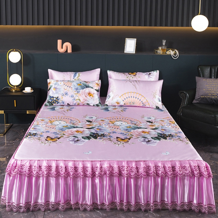 91家纺网 家纺一手货源 找家纺 迷仙巢2021新款冰丝凉席（床裙款） 春色满园粉