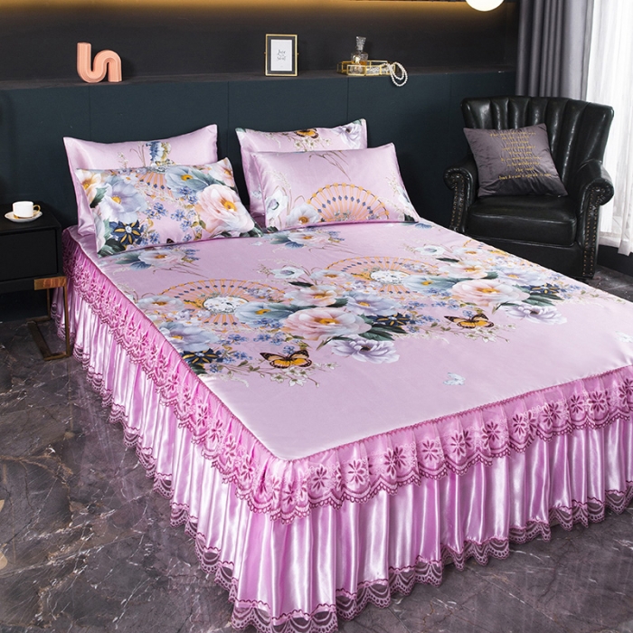 91家纺网 家纺一手货源 找家纺 迷仙巢2021新款冰丝凉席（床裙款） 春色满园粉