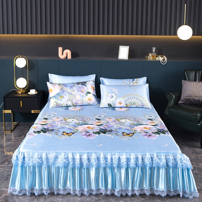 91家纺网 家纺一手货源 找家纺 迷仙巢2021新款冰丝凉席（床裙款） 春色满园蓝