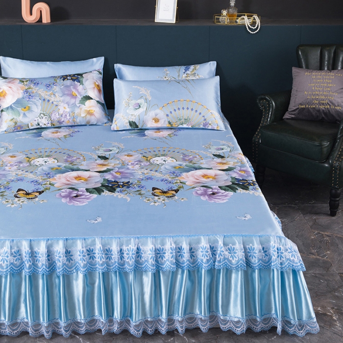 91家纺网 家纺一手货源 找家纺 迷仙巢2021新款冰丝凉席（床裙款） 春色满园蓝