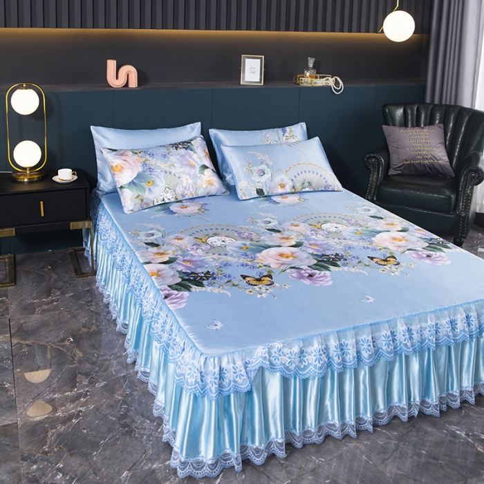 91家纺网 家纺一手货源 找家纺 迷仙巢2021新款冰丝凉席（床裙款） 春色满园蓝