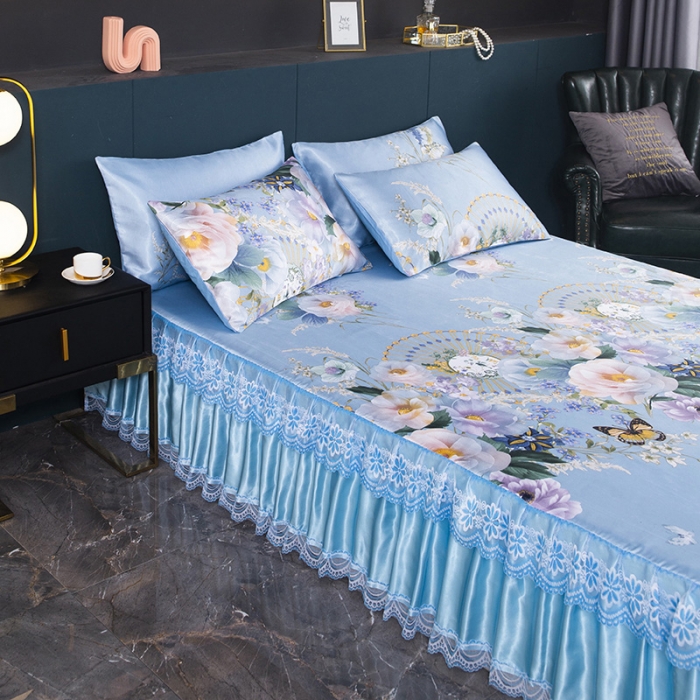 91家纺网 家纺一手货源 找家纺 迷仙巢2021新款冰丝凉席（床裙款） 春色满园蓝