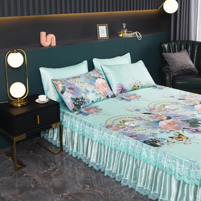 91家纺网 家纺一手货源 找家纺 迷仙巢2021新款冰丝凉席（床裙款） 春色满园绿