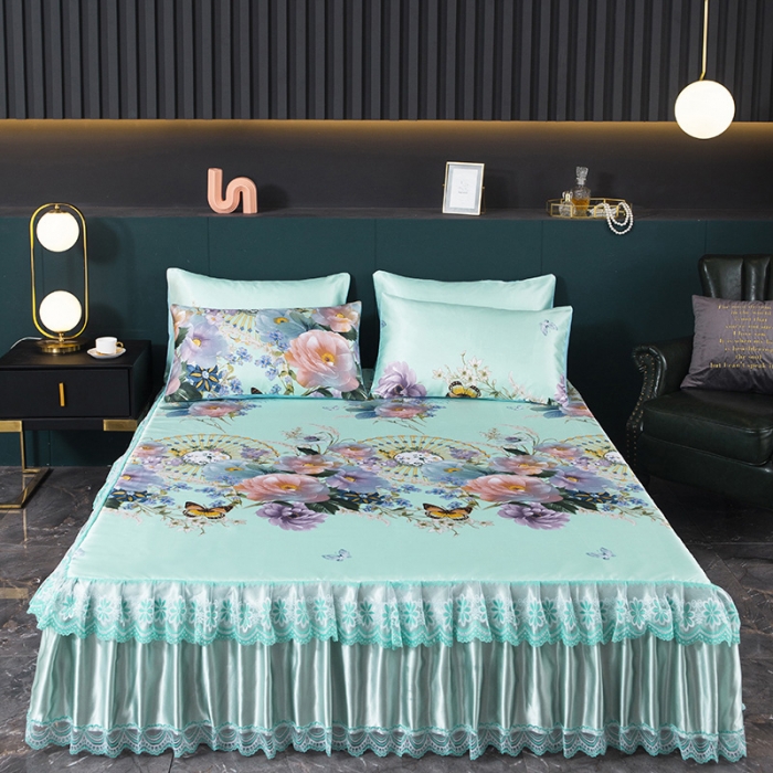 91家纺网 家纺一手货源 找家纺 迷仙巢2021新款冰丝凉席（床裙款） 春色满园绿