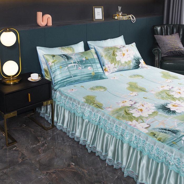 91家纺网 家纺一手货源 找家纺 迷仙巢2021新款冰丝凉席（床裙款） 荷塘月色