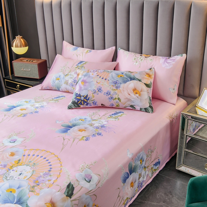 91家纺网 家纺一手货源 找家纺 迷仙巢2021新款印花冰丝凉席（床单款） 春色满园粉