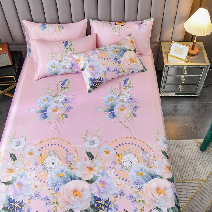 91家纺网 家纺一手货源 找家纺 迷仙巢2021新款印花冰丝凉席（床单款） 春色满园粉