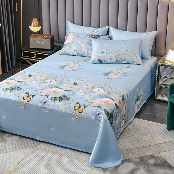 91家纺网 家纺一手货源 找家纺 迷仙巢2021新款印花冰丝凉席（床单款） 春色满园蓝