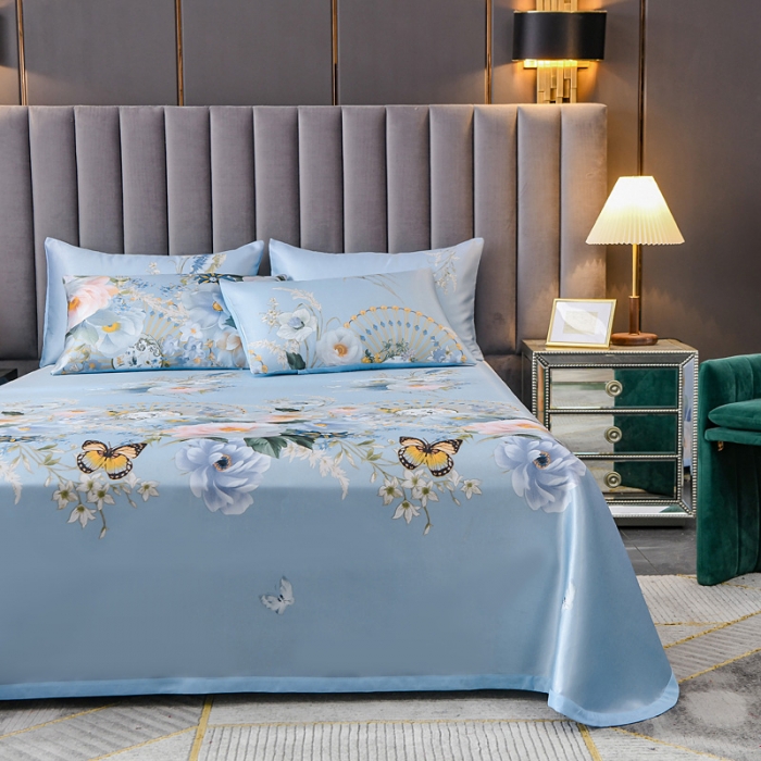 91家纺网 家纺一手货源 找家纺 迷仙巢2021新款印花冰丝凉席（床单款） 春色满园蓝