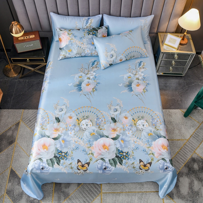 91家纺网 家纺一手货源 找家纺 迷仙巢2021新款印花冰丝凉席（床单款） 春色满园蓝