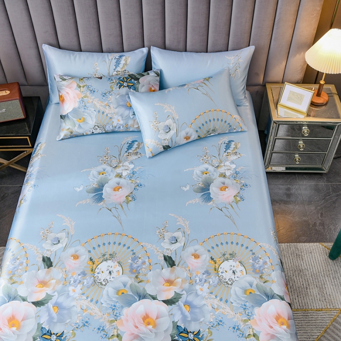 91家纺网 家纺一手货源 找家纺 迷仙巢2021新款印花冰丝凉席（床单款） 春色满园蓝