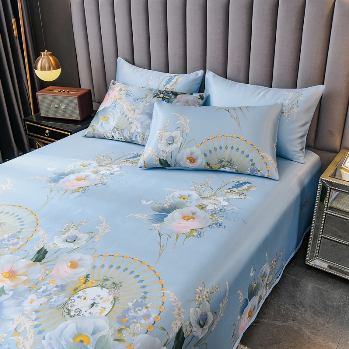 91家纺网 家纺一手货源 找家纺 迷仙巢2021新款印花冰丝凉席（床单款） 春色满园蓝