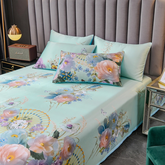 91家纺网 家纺一手货源 找家纺 迷仙巢2021新款印花冰丝凉席（床单款） 春色满园绿