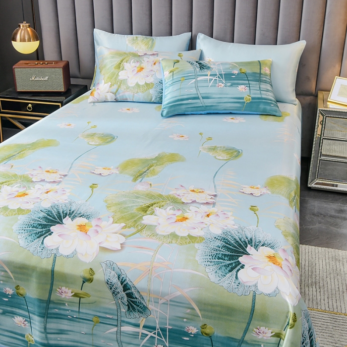 91家纺网 家纺一手货源 找家纺 迷仙巢2021新款印花冰丝凉席（床单款） 荷塘月色