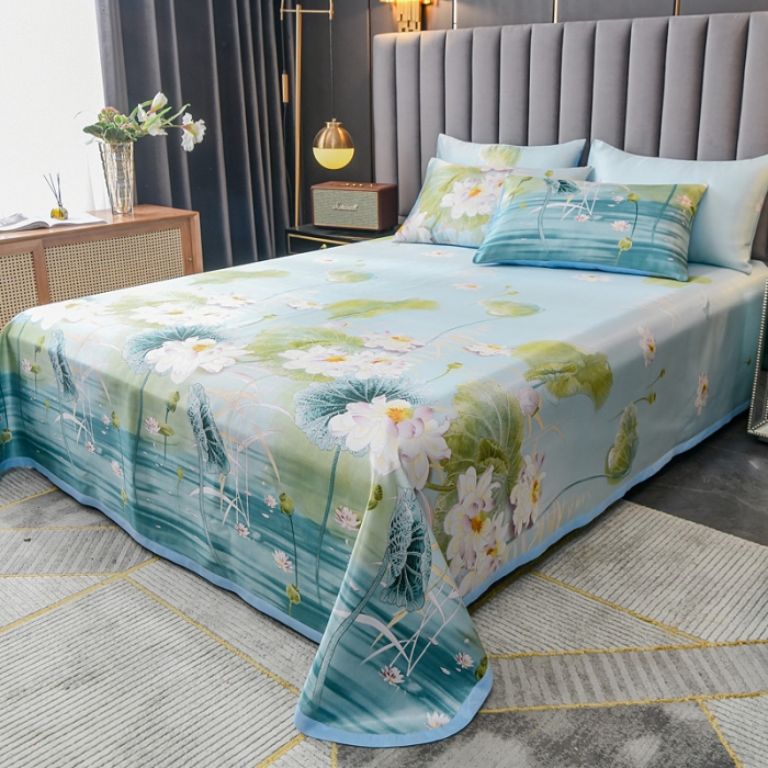 91家纺网 家纺一手货源 找家纺 迷仙巢2021新款印花冰丝凉席（床单款） 荷塘月色