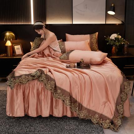 91家纺网 家纺一手货源 找家纺 铠畅丽莎新款水洗真丝夏被空调被四件套春夏蕾丝刺绣床裙款床单款天丝夏凉被套件 裸色