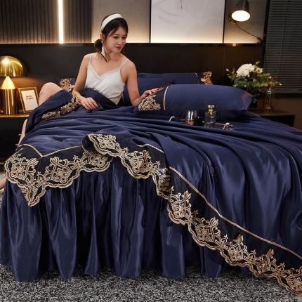 91家纺网 家纺一手货源 找家纺 铠畅 丽莎新款水洗真丝夏被空调被四件套春夏蕾丝刺绣床裙款床单款天丝夏凉被套件 深蓝