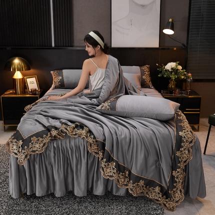 91家纺网 家纺一手货源 找家纺 铠畅 丽莎新款水洗真丝夏被空调被四件套春夏蕾丝刺绣床裙款床单款天丝夏凉被套件 银灰