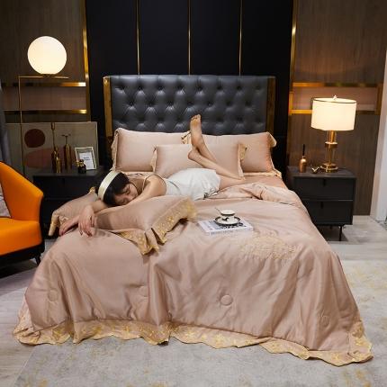 铠畅 纳威水洗真丝夏被空调被四件套春夏刺绣床单款天丝夏凉被套件 豆沙