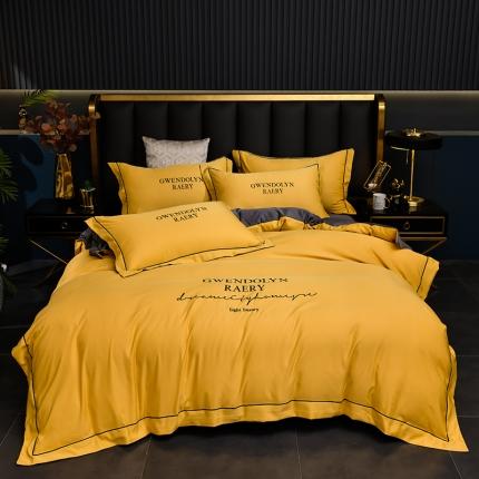 91家纺网 家纺一手货源 找家纺 意尚风情2023新款绣花水洗真丝四件套 千韵-姜黄