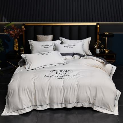 91家纺网 家纺一手货源 找家纺 意尚风情2023新款绣花水洗真丝四件套 千韵-奶白