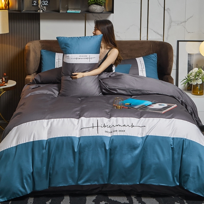 91家纺网 家纺一手货源 找家纺 凡客 2021春夏新款水洗真丝三拼绣花四件套-奥兰多 深灰