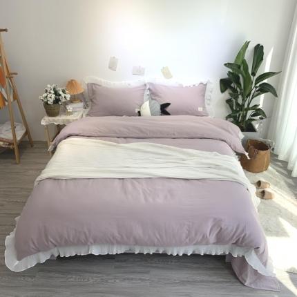 91家纺网 家纺一手货源 找家纺 源启生活 2021超柔雪纺花边A类全棉双层纱四件套纯棉香芋紫