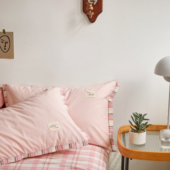 91家纺网 家纺一手货源 找家纺 202140支水洗棉拼边大豆纤维夏被四件套 桃粉