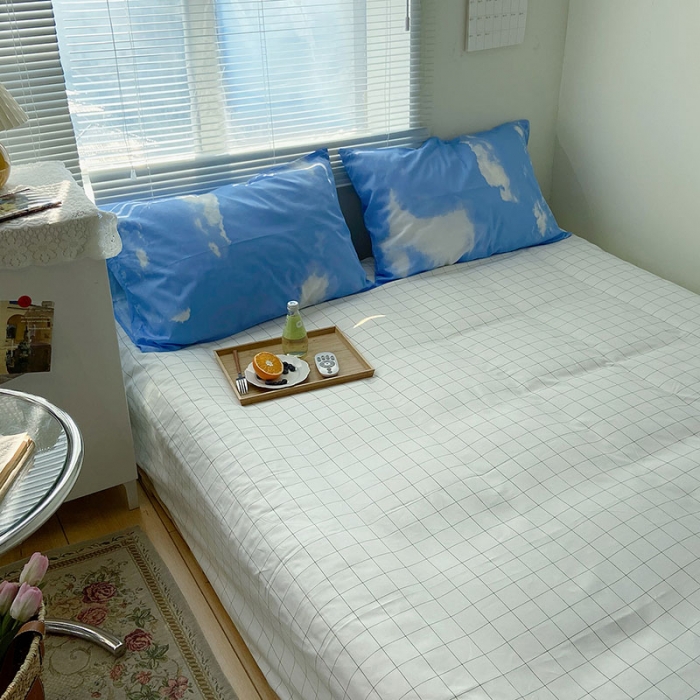 91家纺网 家纺一手货源 找家纺 2021新款简约风40s13372全棉喷气四件套 蓝天白云