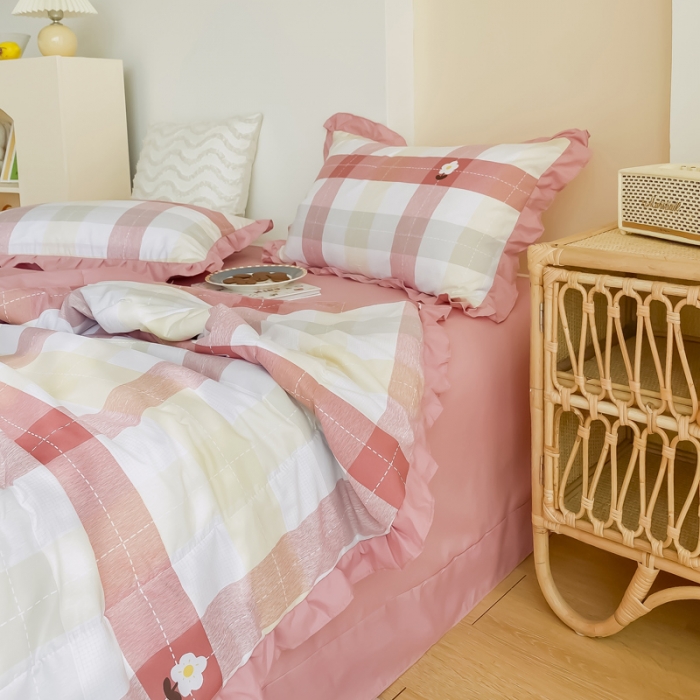 91家纺网 家纺一手货源 找家纺 眠屿 2021新款洛卡棉夏被四件套 向阳花开-粉