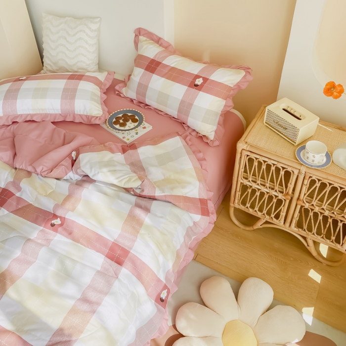 91家纺网 家纺一手货源 找家纺 眠屿 2021新款洛卡棉夏被四件套 向阳花开-粉
